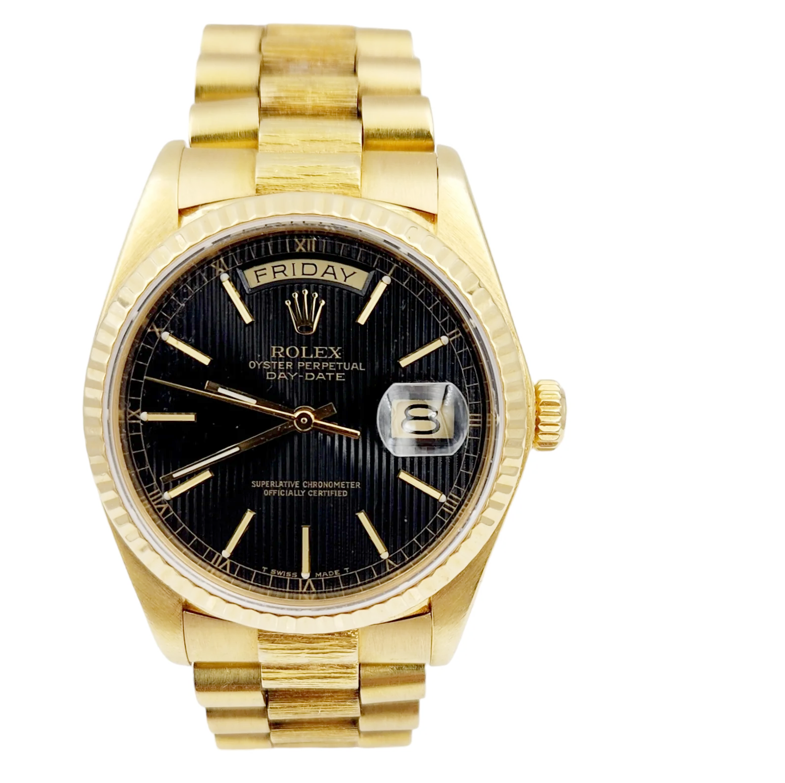 Men's Rolex 36mm Presidential 18K Yellow Gold Watch with Black Tapestry Dial and Fluted Bezel. (Pre-Owned 18030)