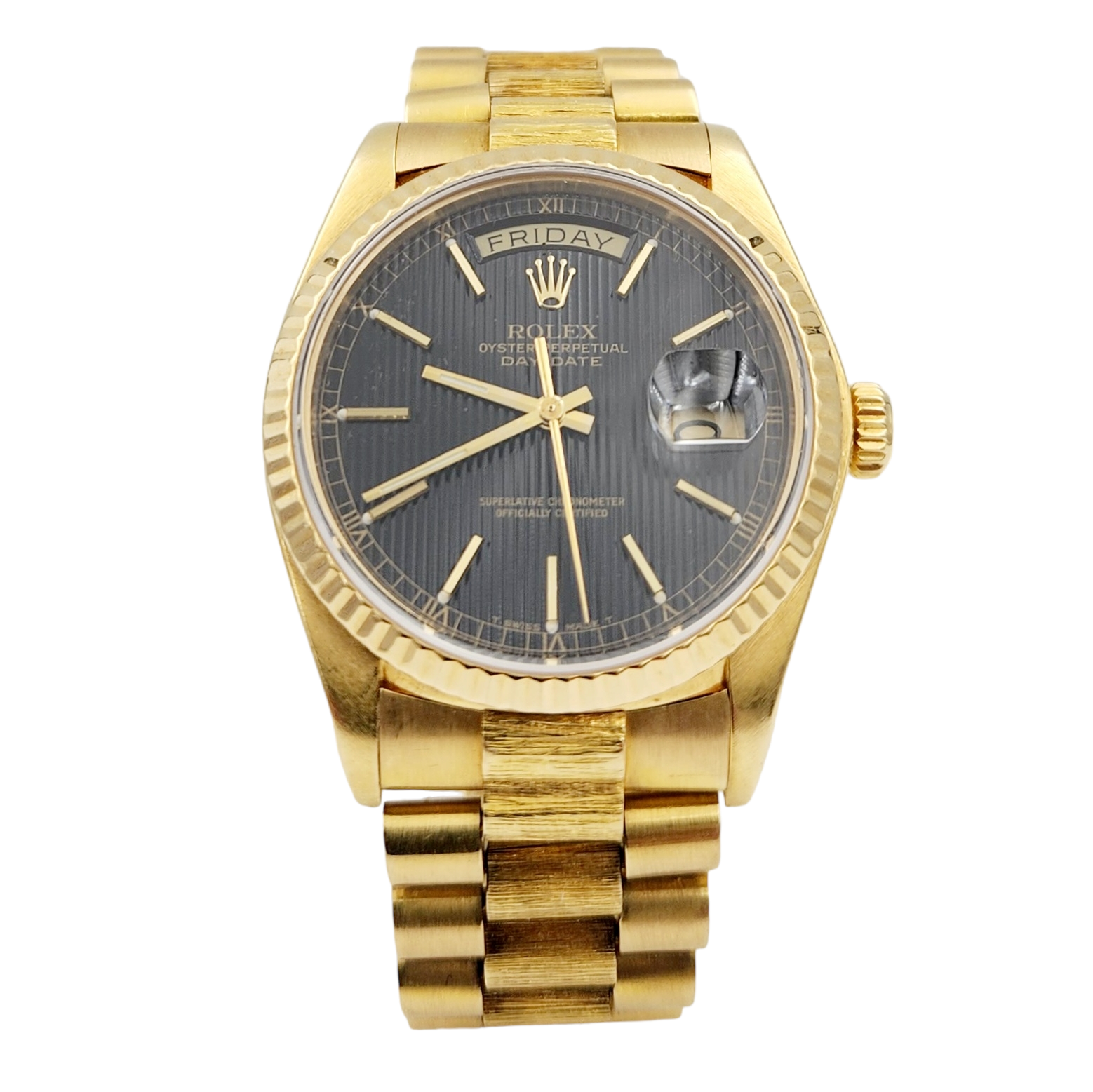 Men's Rolex 36mm Presidential 18K Yellow Gold Watch with Black Tapestry Dial and Fluted Bezel. (Pre-Owned 18030)