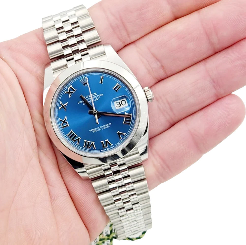 Men's Rolex 41mm DateJust Stainless Steel Watch with Roman Sky Blue Dial and Smooth Bezel. (Pre-Owned 126300)