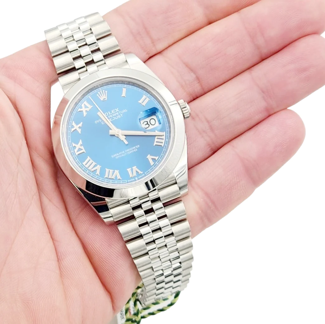 Men's Rolex 41mm DateJust Stainless Steel Watch with Roman Sky Blue Dial and Smooth Bezel. (Pre-Owned 126300)