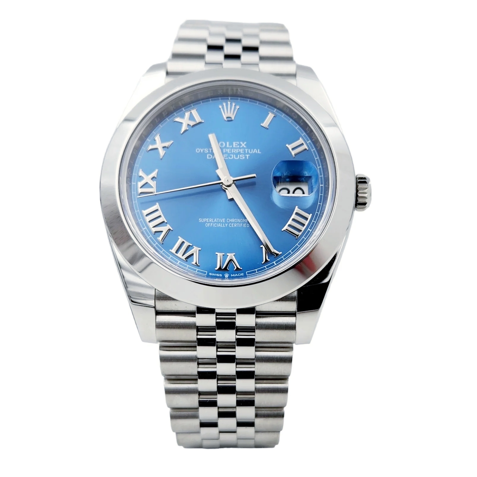 Men's Rolex 41mm DateJust Stainless Steel Watch with Roman Sky Blue Dial and Smooth Bezel. (Pre-Owned 126300)