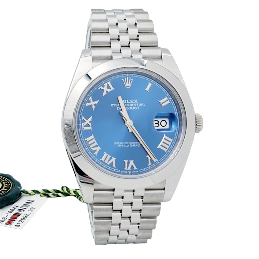 Men's Rolex 41mm DateJust Stainless Steel Watch with Roman Sky Blue Dial and Smooth Bezel. (Pre-Owned 126300)