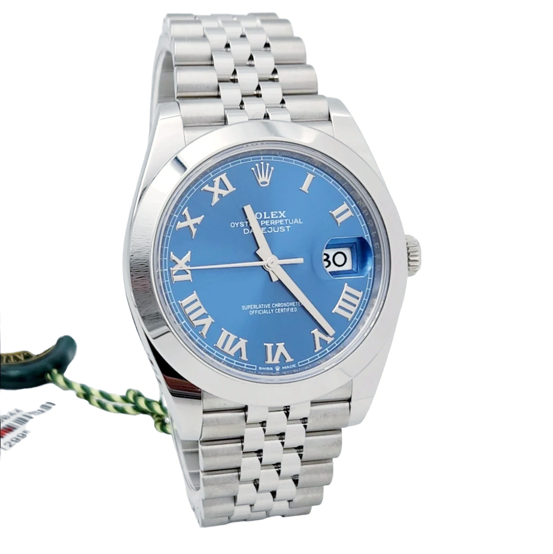 Men's Rolex 41mm DateJust Stainless Steel Watch with Roman Sky Blue Dial and Smooth Bezel. (Pre-Owned 126300)