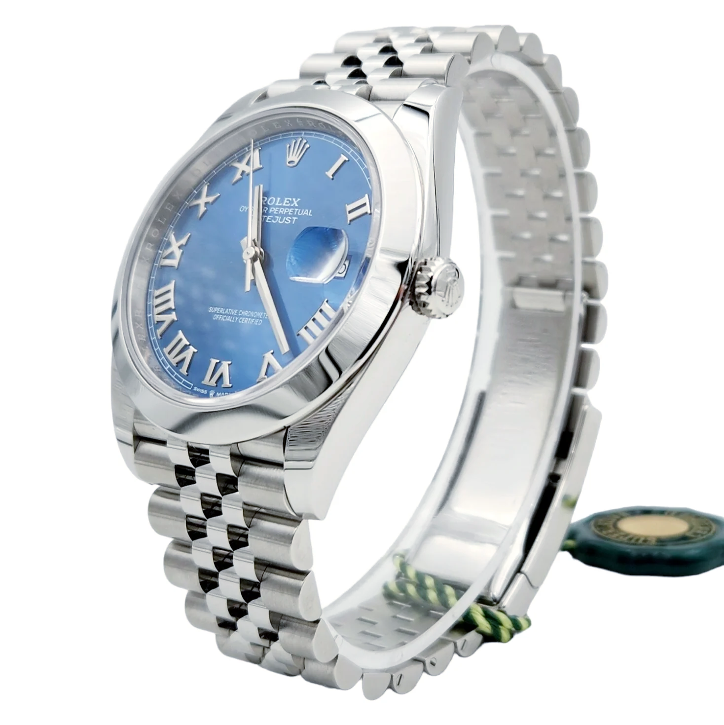 Men's Rolex 41mm DateJust Stainless Steel Watch with Roman Sky Blue Dial and Smooth Bezel. (Pre-Owned 126300)