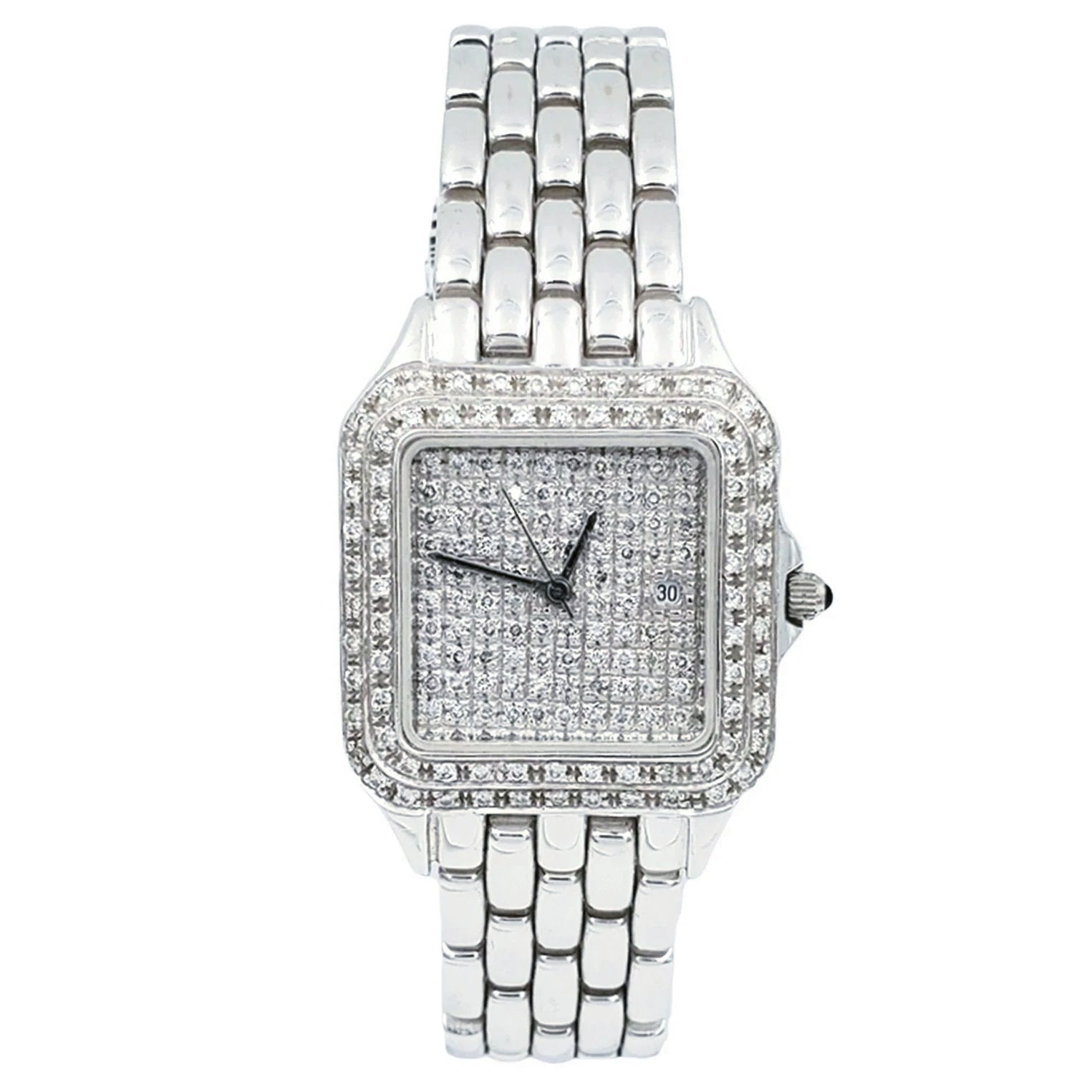 Unisex Geneve 14K White Gold Watch with Diamond Dial and Diamond Bezel. 