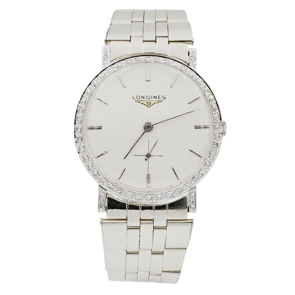 Men's Longines Vintage 32mm Watch with 14K White Gold Band, Egg Shell Dial and 18K White Gold Diamond Bezel. 