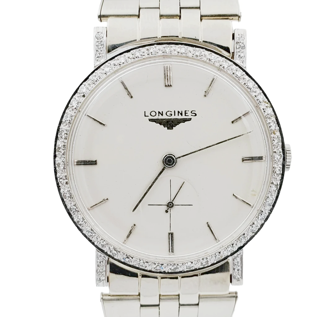 Men's Longines Vintage 32mm Watch with 14K White Gold Band, Egg Shell Dial and 18K White Gold Diamond Bezel. (Pre-Owned )