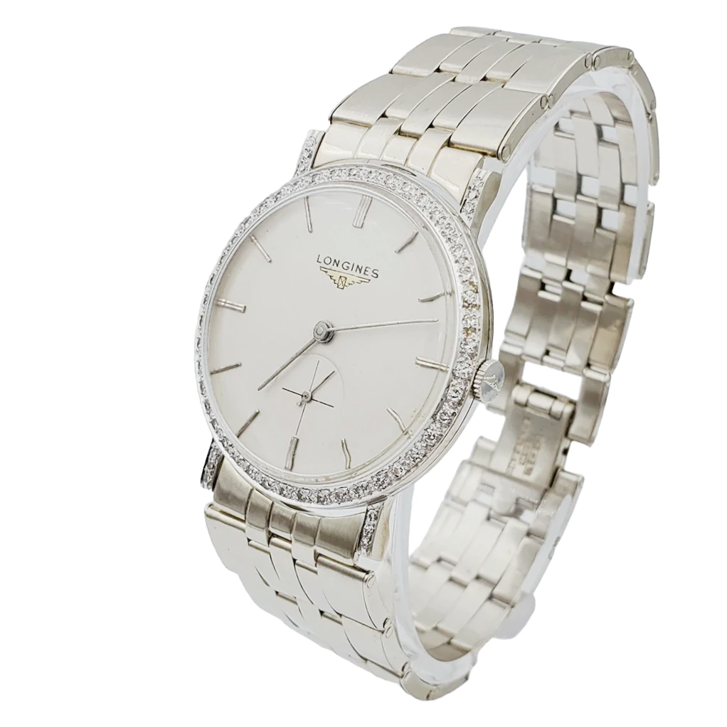 Men's Longines Vintage 32mm Watch with 14K White Gold Band, Egg Shell Dial and 18K White Gold Diamond Bezel. (Pre-Owned )