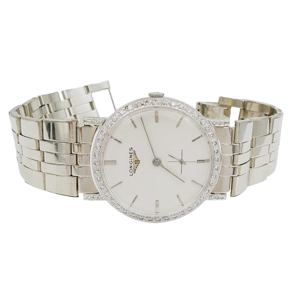 Men's Longines Vintage 32mm Watch with 14K White Gold Band, Egg Shell Dial and 18K White Gold Diamond Bezel. (Pre-Owned )