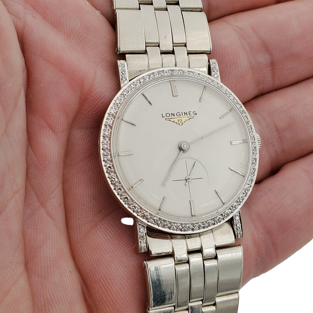 Men's Longines Vintage 32mm Watch with 14K White Gold Band, Egg Shell Dial and 18K White Gold Diamond Bezel. (Pre-Owned )