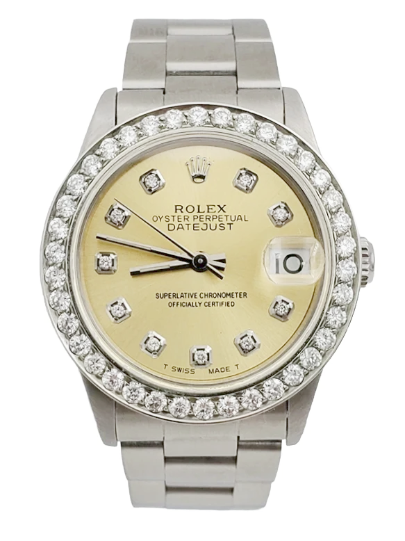 Ladies Midsize Rolex DateJust 31mm Stainless Steel Watch with Champagne Diamond Dial and Diamond Bezel. (Pre-Owned)