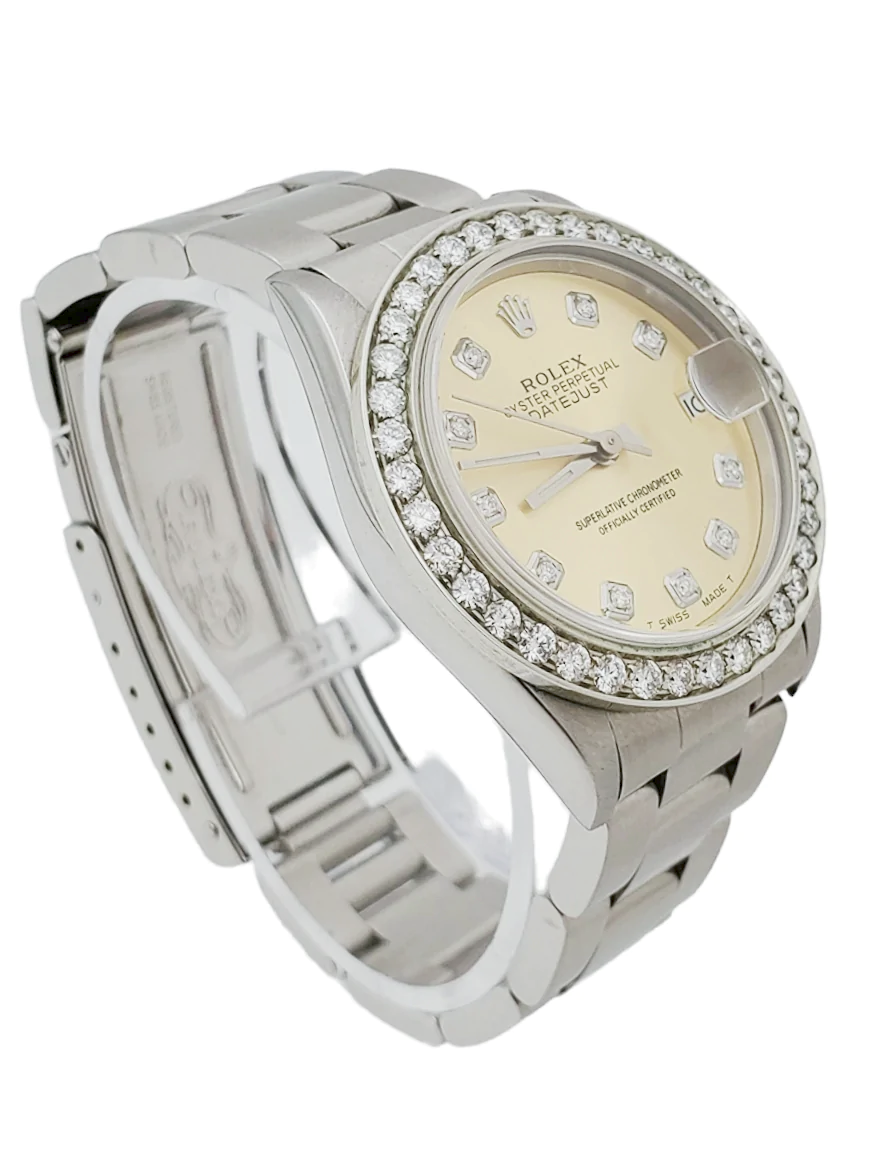 Ladies Midsize Rolex DateJust 31mm Stainless Steel Watch with Champagne Diamond Dial and Diamond Bezel. (Pre-Owned)