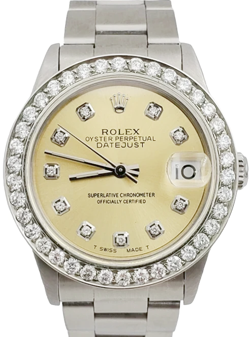 Ladies Midsize Rolex DateJust 31mm Stainless Steel Watch with Champagne Diamond Dial and Diamond Bezel. (Pre-Owned)