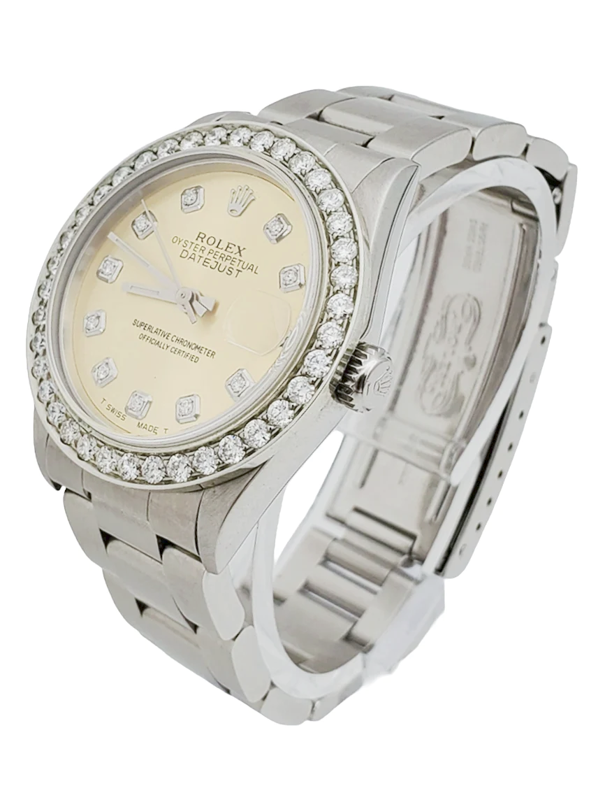 Ladies Midsize Rolex DateJust 31mm Stainless Steel Watch with Champagne Diamond Dial and Diamond Bezel. (Pre-Owned)