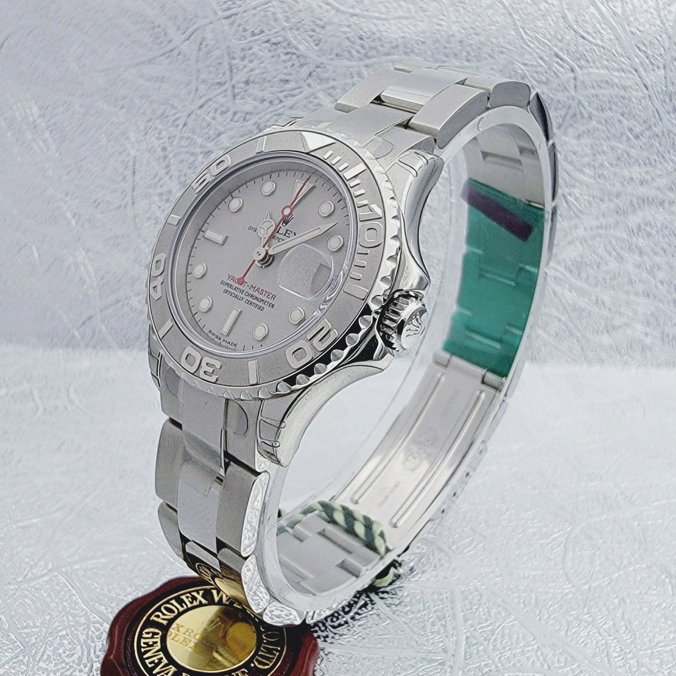 Ladies Rolex 29mm Yacht Master Stainless Steel Watch with Silver Dial and Rotatable Platinum Bezel. (UNWORN 169622)