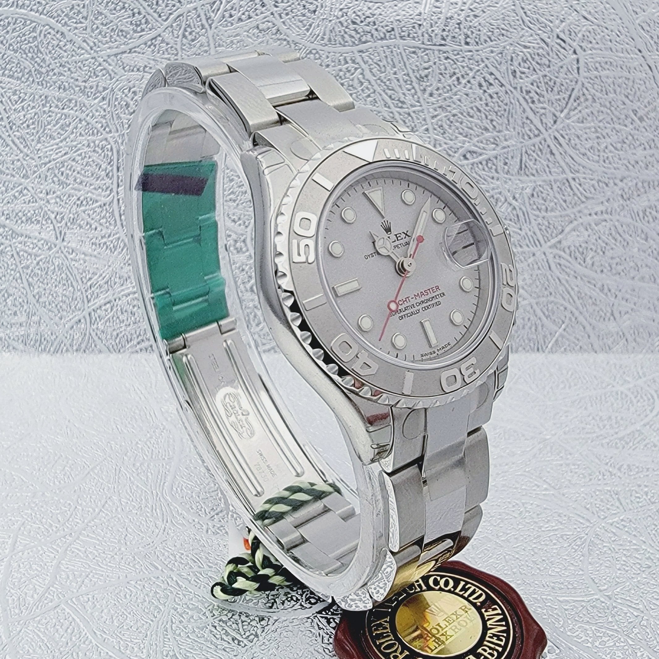 Ladies Rolex 29mm Yacht Master Stainless Steel Watch with Silver Dial and Rotatable Platinum Bezel. (UNWORN 169622)