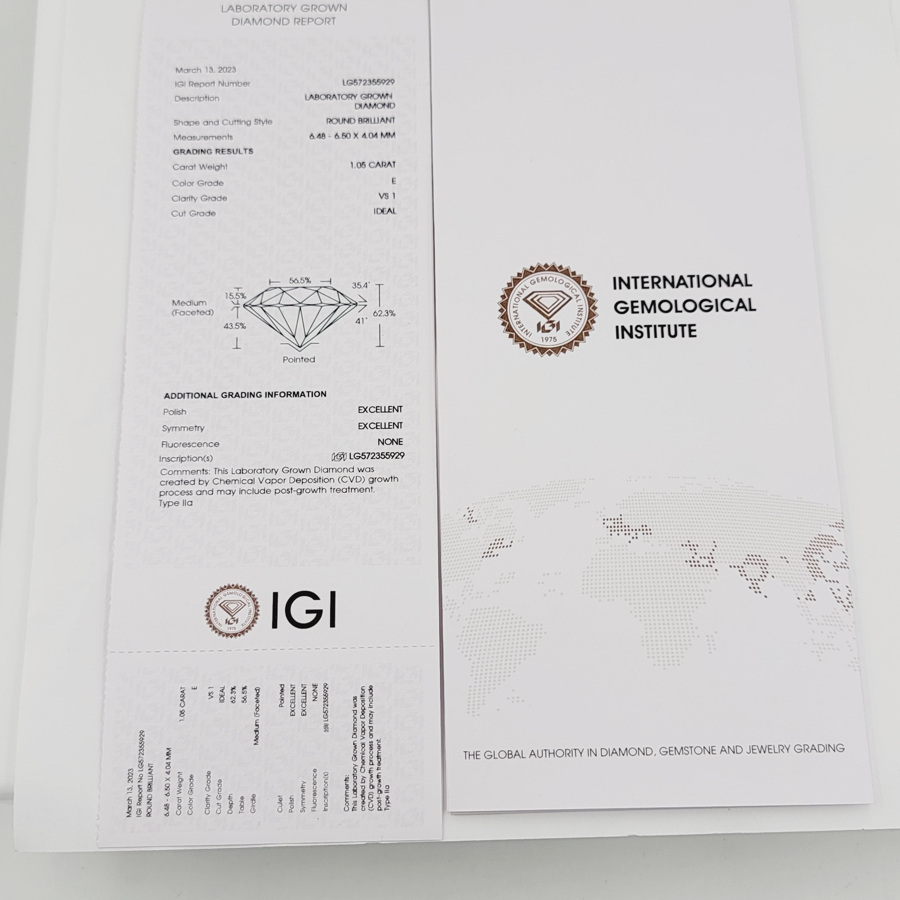 1.05ct Round Brilliant Lab Grown Diamond. VS1 Clarity,  E Color