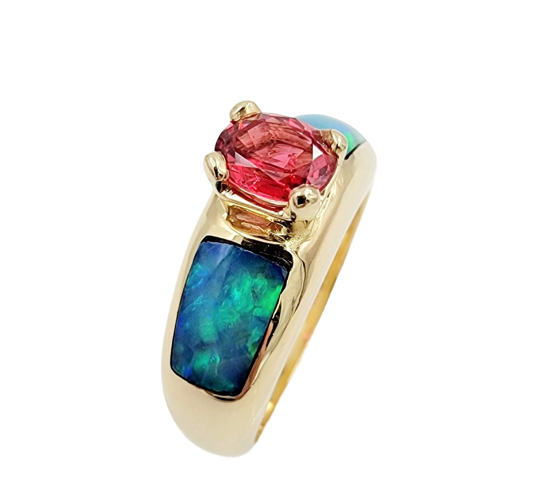 Exquisite 14k Yellow Gold Ruby and Boulder Opal Ring