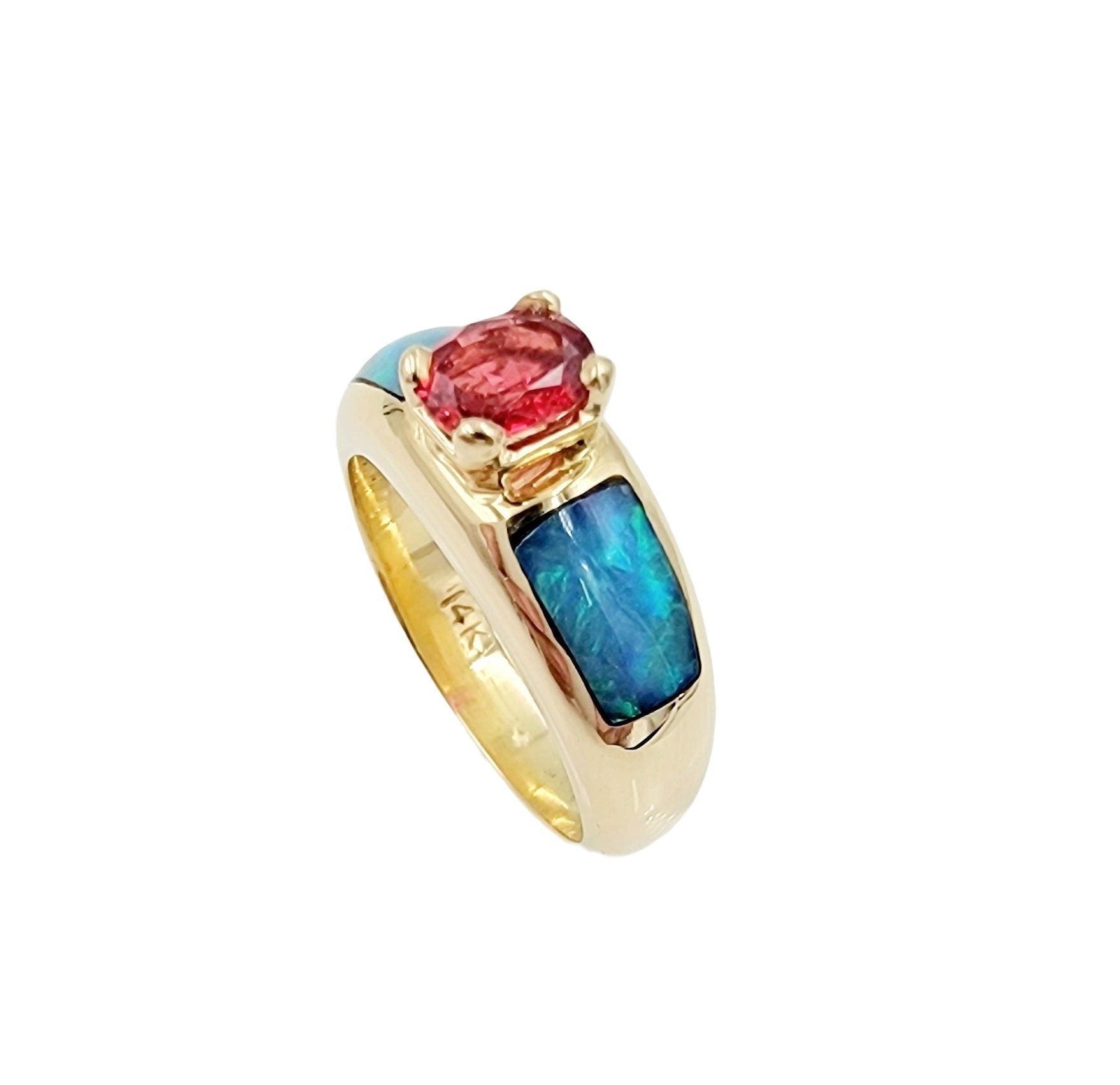 Exquisite 14k Yellow Gold Ruby and Boulder Opal Ring