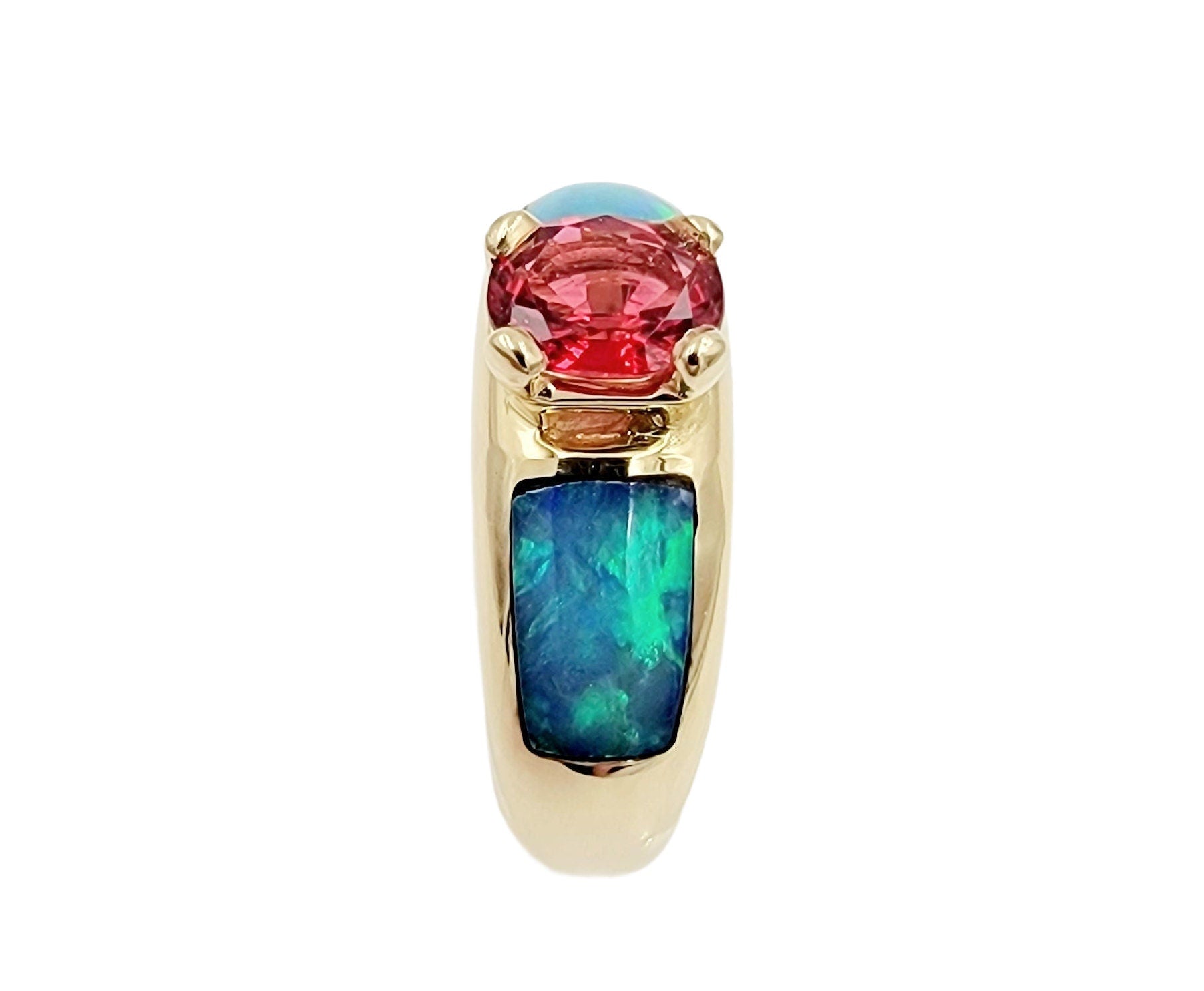 Exquisite 14k Yellow Gold Ruby and Boulder Opal Ring