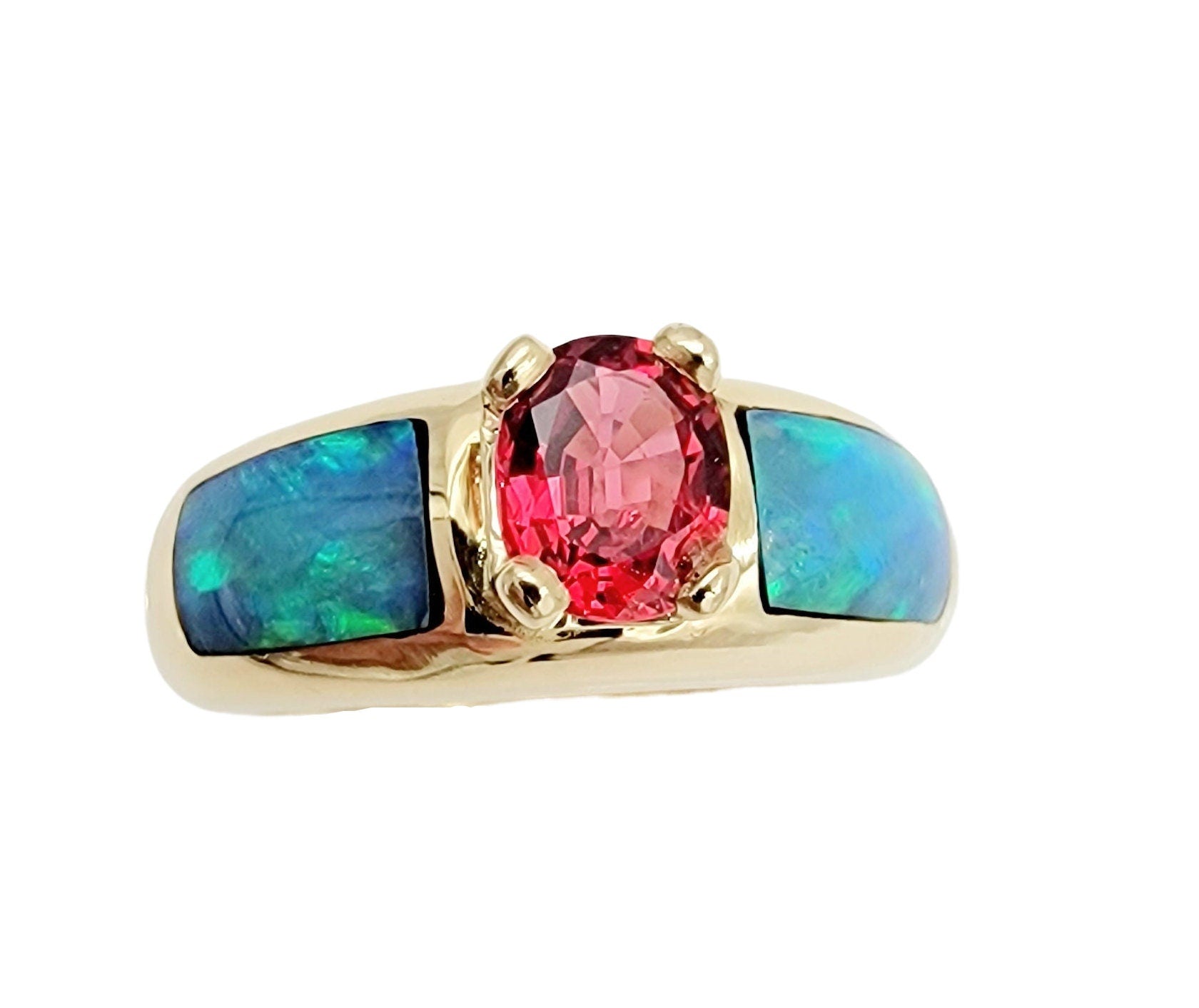 Exquisite 14k Yellow Gold Ruby and Boulder Opal Ring