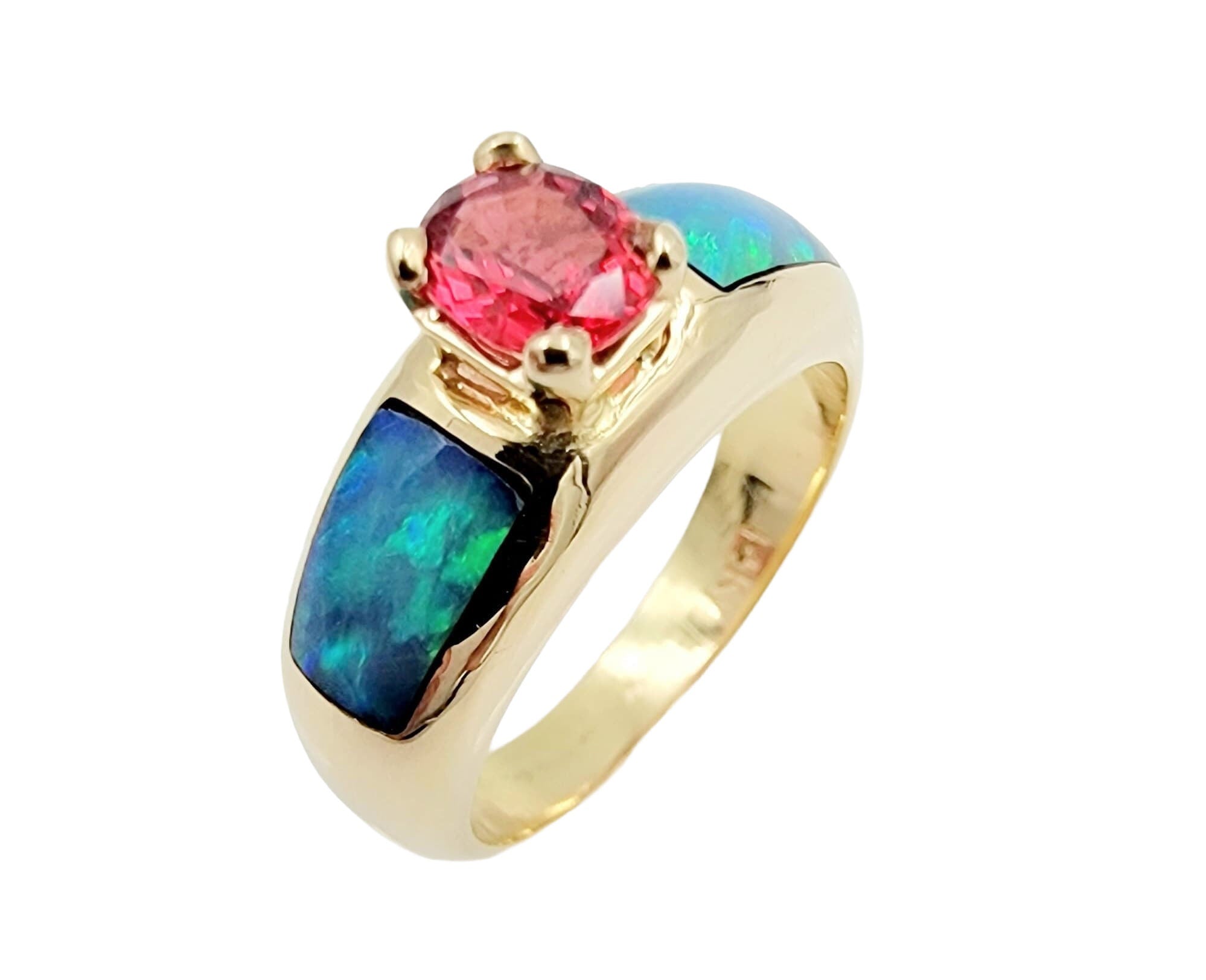 Exquisite 14k Yellow Gold Ruby and Boulder Opal Ring