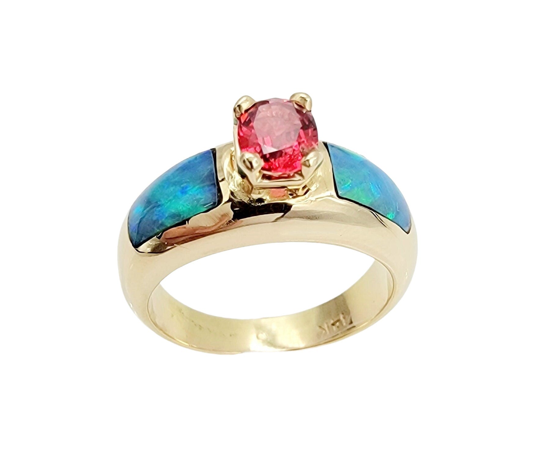 Exquisite 14k Yellow Gold Ruby and Boulder Opal Ring