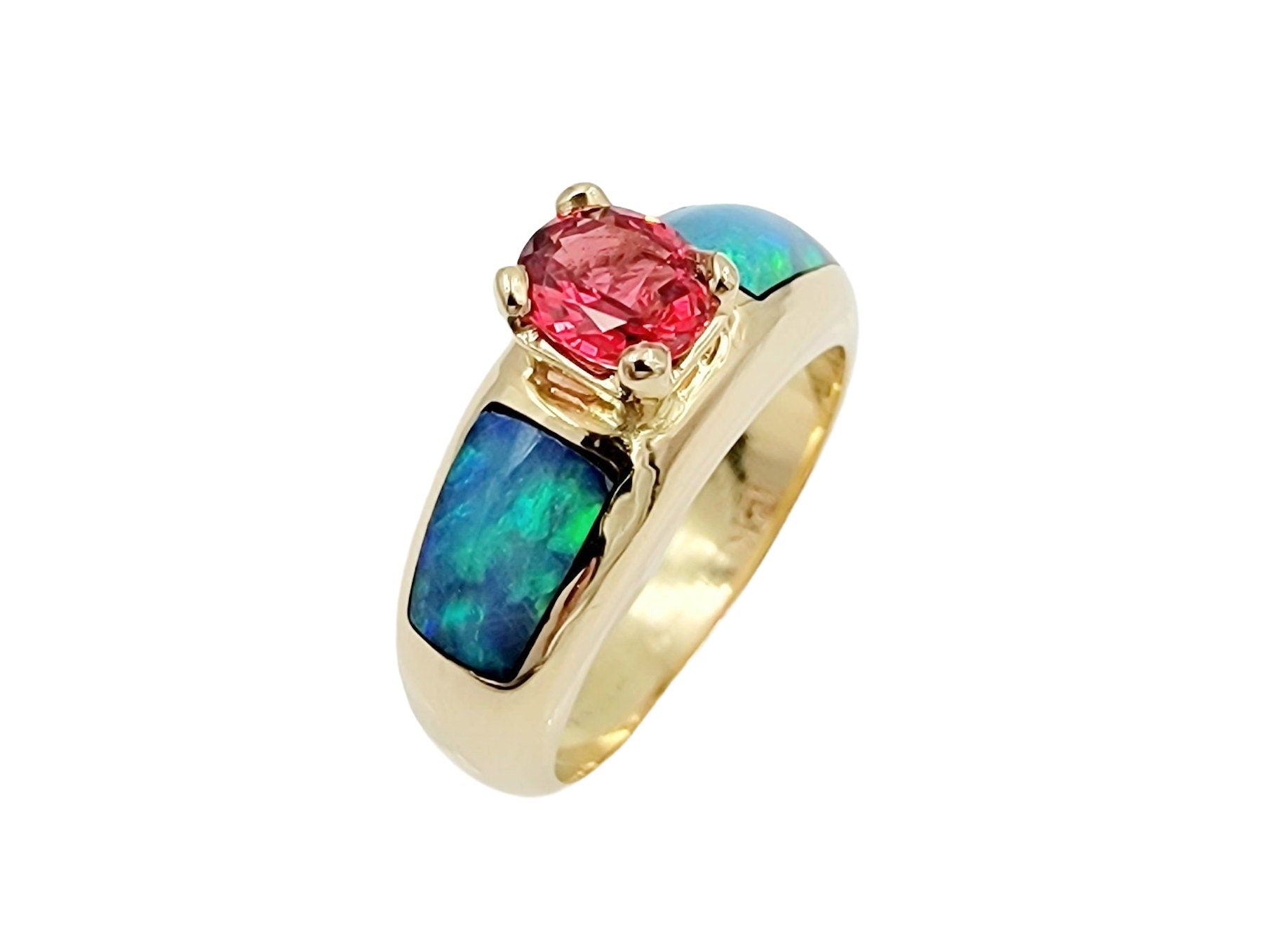Exquisite 14k Yellow Gold Ruby and Boulder Opal Ring
