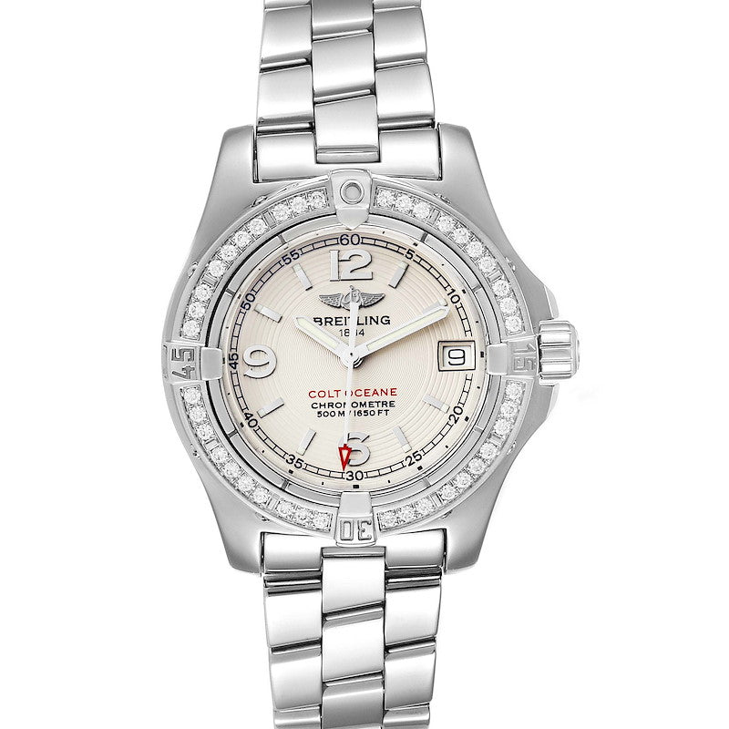 Ladies Breitling 34mm Colt Oceane Stainless Steel Watch with Off-White Silver Dial and Diamond Bezel. (Pre-Owned A77380)