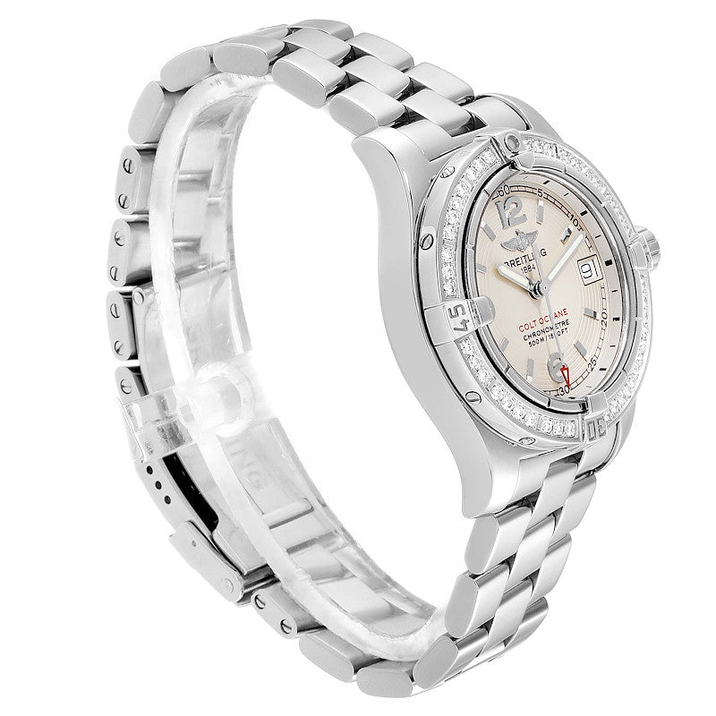 Ladies Breitling 34mm Colt Oceane Stainless Steel Watch with Off-White Silver Dial and Diamond Bezel. (Pre-Owned A77380)