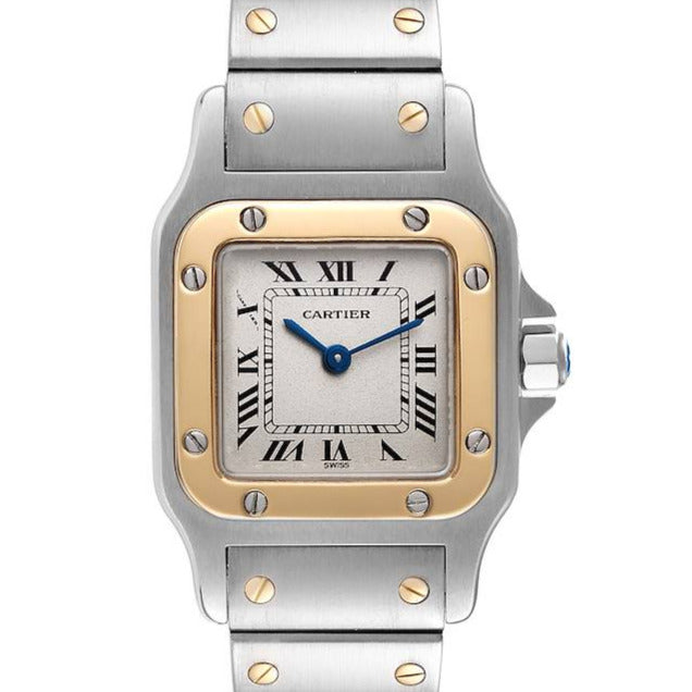 Ladies Medium Cartier Santos Watch in 18K Yellow Gold and Stainless Steel with White Dial. (Pre-Owned)