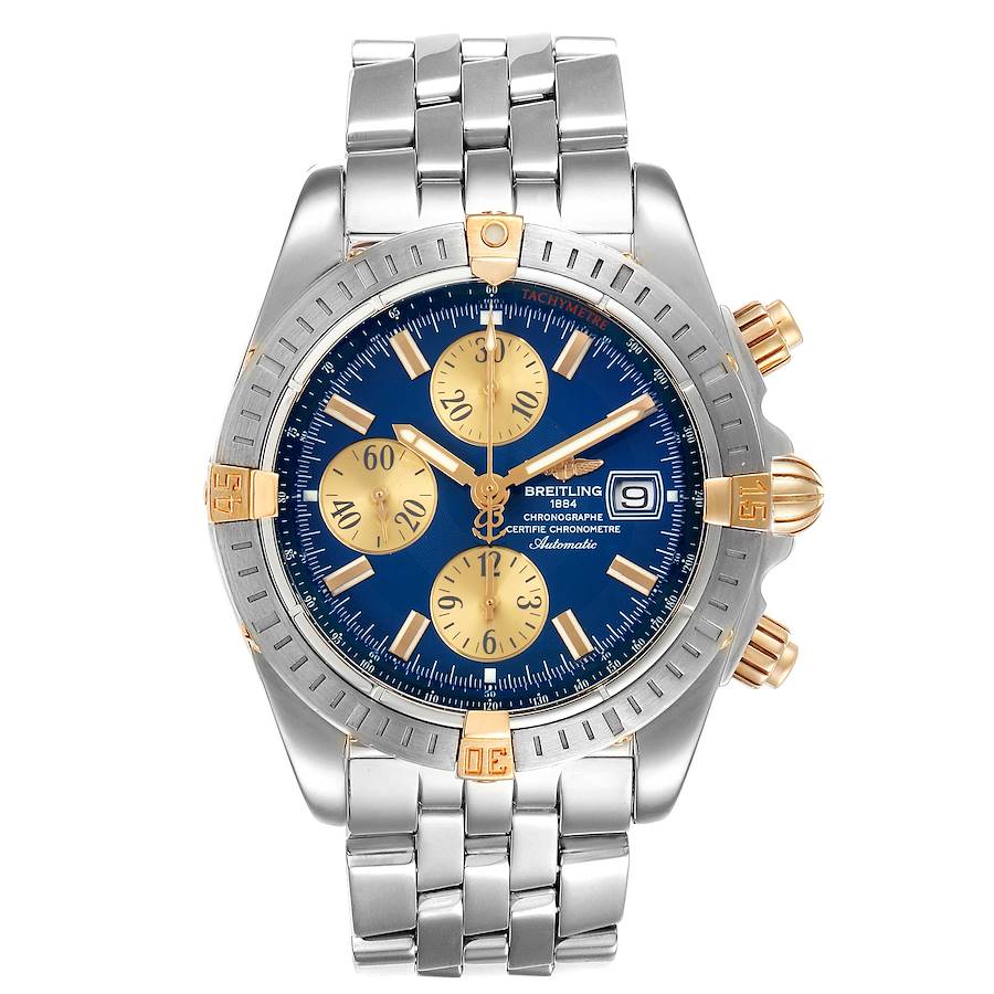 Men's Breitling 44mm 18K Yellow Gold / Stainless Steel Watch with Blue Chronograph Dial. (Pre-Owned B13356)