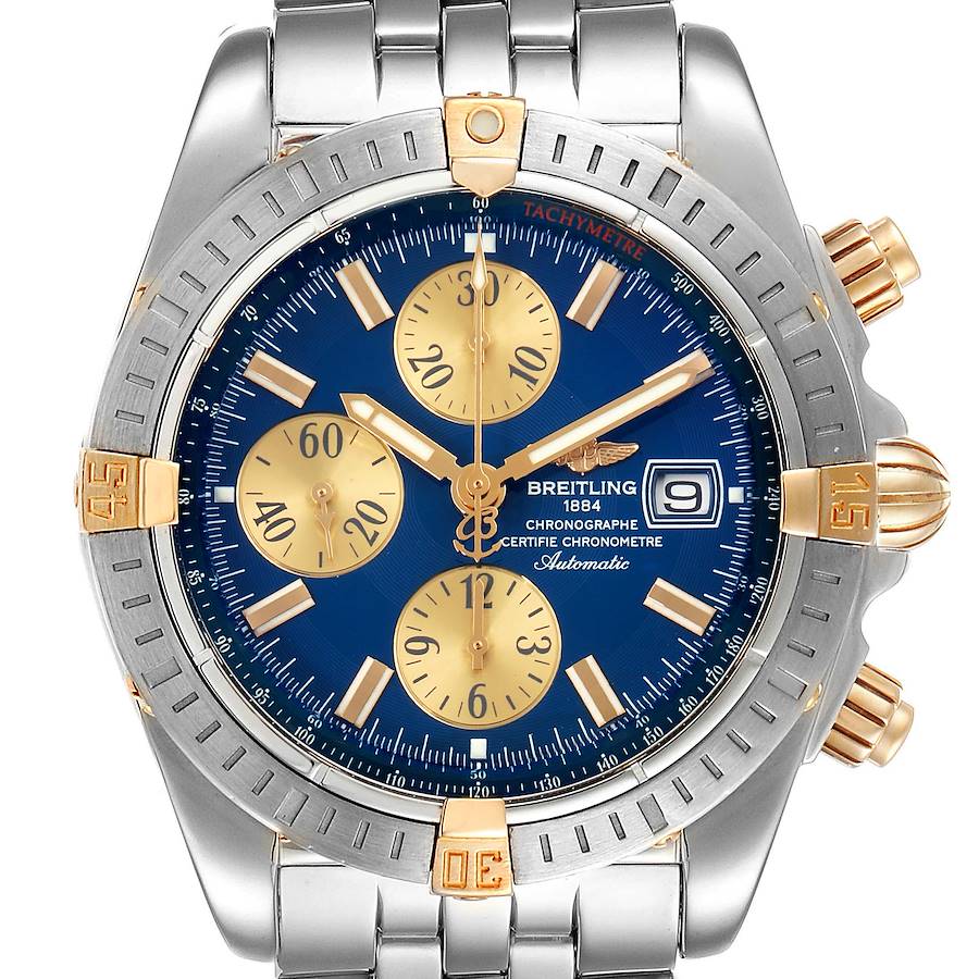 Men's Breitling 44mm 18K Yellow Gold / Stainless Steel Watch with Blue Chronograph Dial. (Pre-Owned B13356)