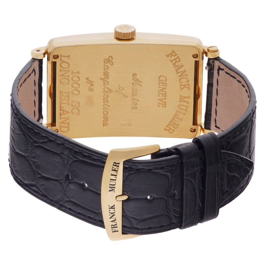 Men's Franck Muller 43mm Long Island 18K Yellow Gold Watch with Black Leather Band and Silver Dial. (Pre-Owned 1000 SC)