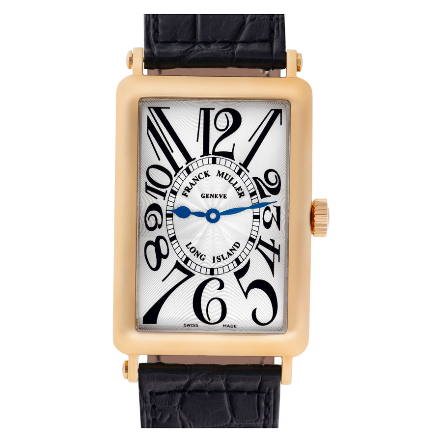 Men's Franck Muller 43mm Long Island 18K Yellow Gold Watch with Black Leather Band and Silver Dial. (Pre-Owned 1000 SC)