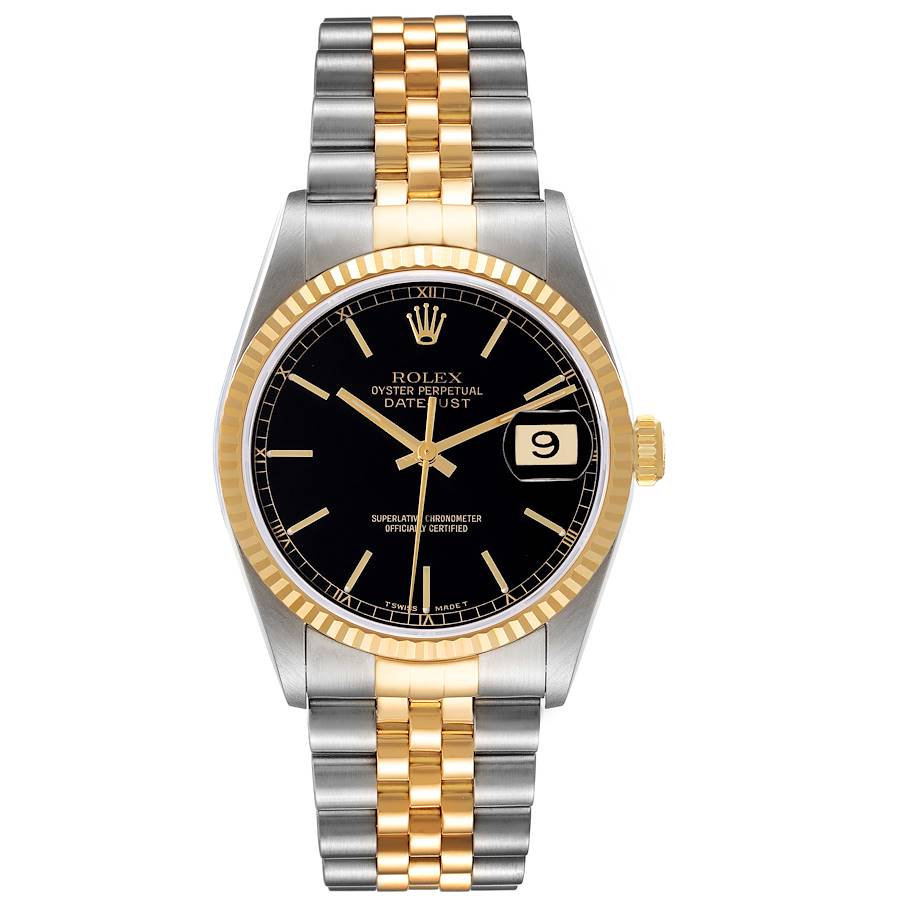 2000 Men's Rolex 36mm DateJust Two Tone 18K Gold / Stainless Steel Watch with Black Dial and Fluted Bezel. (Pre-Owned 16233)