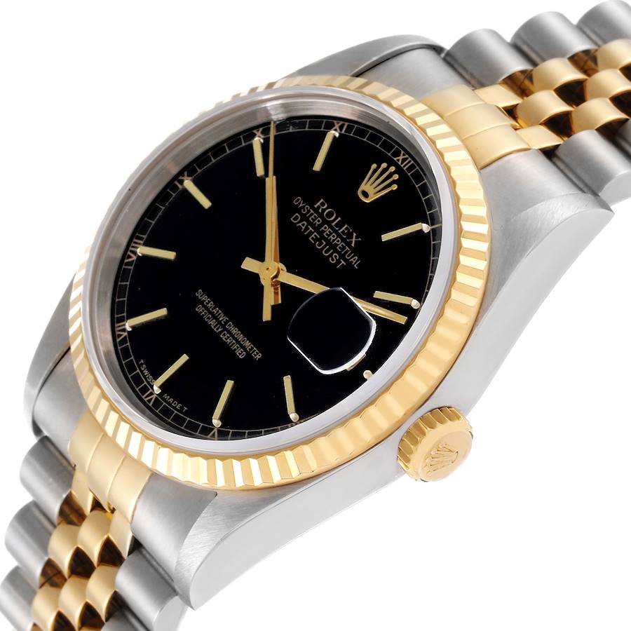 2000 Men's Rolex 36mm DateJust Two Tone 18K Gold / Stainless Steel Watch with Black Dial and Fluted Bezel. (Pre-Owned 16233)