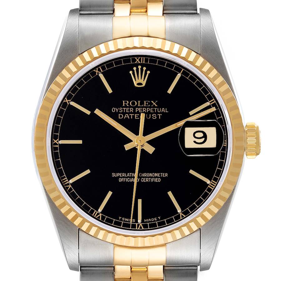 2000 Men's Rolex 36mm DateJust Two Tone 18K Gold / Stainless Steel Watch with Black Dial and Fluted Bezel. (Pre-Owned 16233)