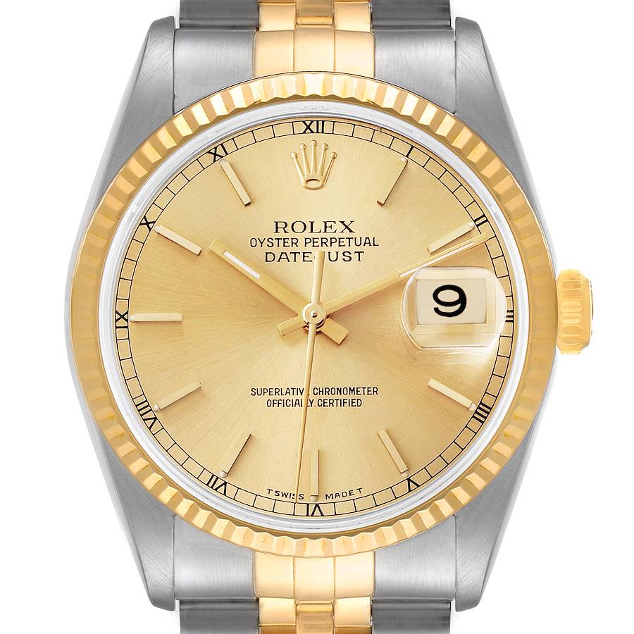 Men's Rolex 36mm DateJust 18K Gold / Stainless Steel Two Tone Watch with Fluted Bezel and Champagne Dial. (NEW 16233)