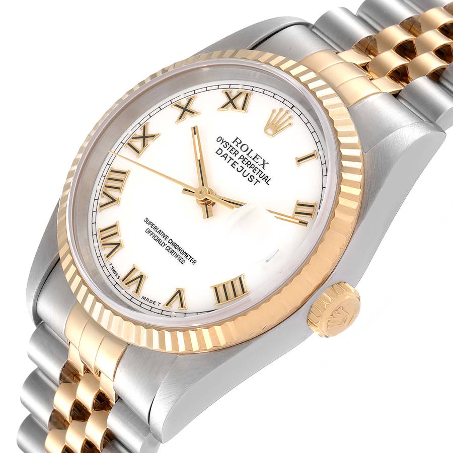 Men's Rolex 36mm DateJust 18k Gold / Stainless Steel Two Tone Watch with White Dial and Fluted Bezel. (Pre-Owned 16233)