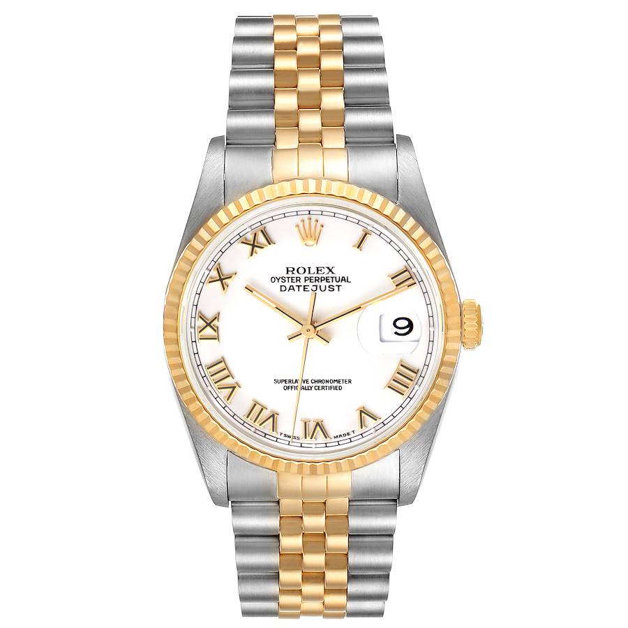 Men's Rolex 36mm DateJust 18k Gold / Stainless Steel Two Tone Watch with White Dial and Fluted Bezel. (Pre-Owned 16233)