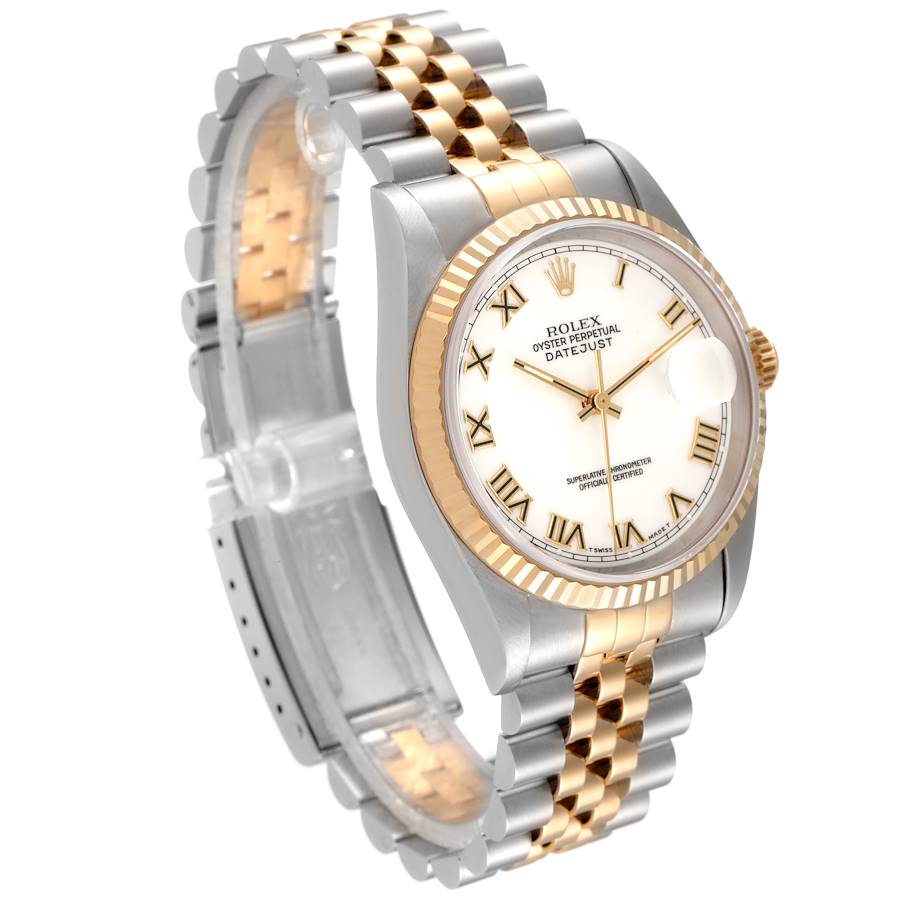 Men's Rolex 36mm DateJust 18k Gold / Stainless Steel Two Tone Watch with White Dial and Fluted Bezel. (Pre-Owned 16233)