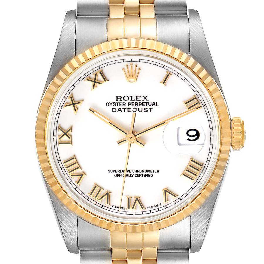 Men's Rolex 36mm DateJust 18k Gold / Stainless Steel Two Tone Watch with White Dial and Fluted Bezel. (Pre-Owned 16233)