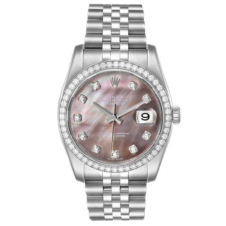 *Men's Rolex 36mm DateJust Stainless Steel Watch with Mother of Peal Diamond Dial and Diamond Bezel. (Pre-Owned Box/Card 116244)