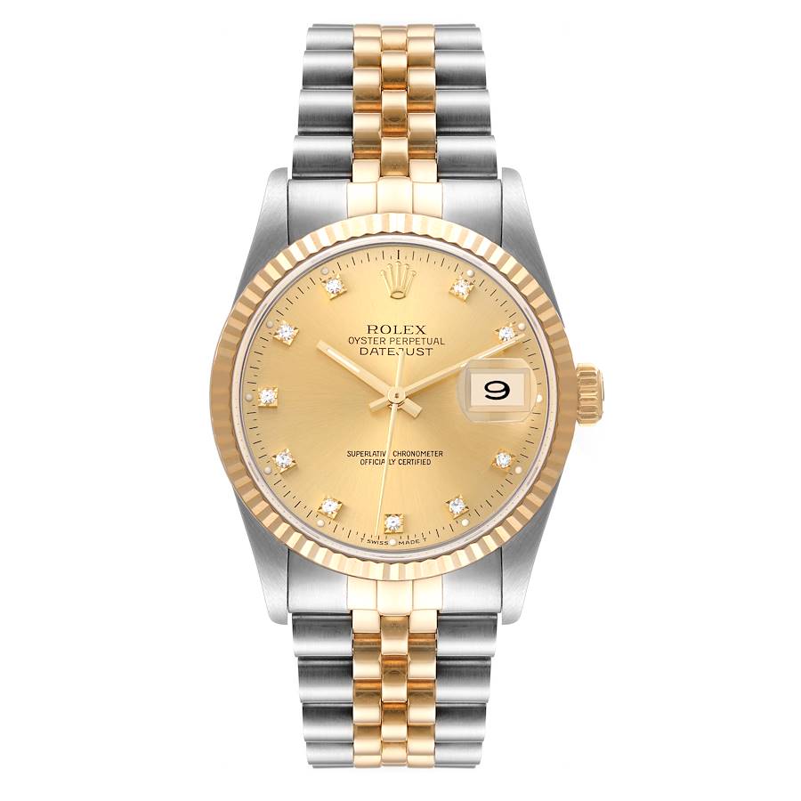 Men's Rolex 36mm DateJust Two Tone 18K Gold / Stainless Steel Watch with Champaigne Diamond Dial and Fluted Bezel. (Pre-Owned 16233)