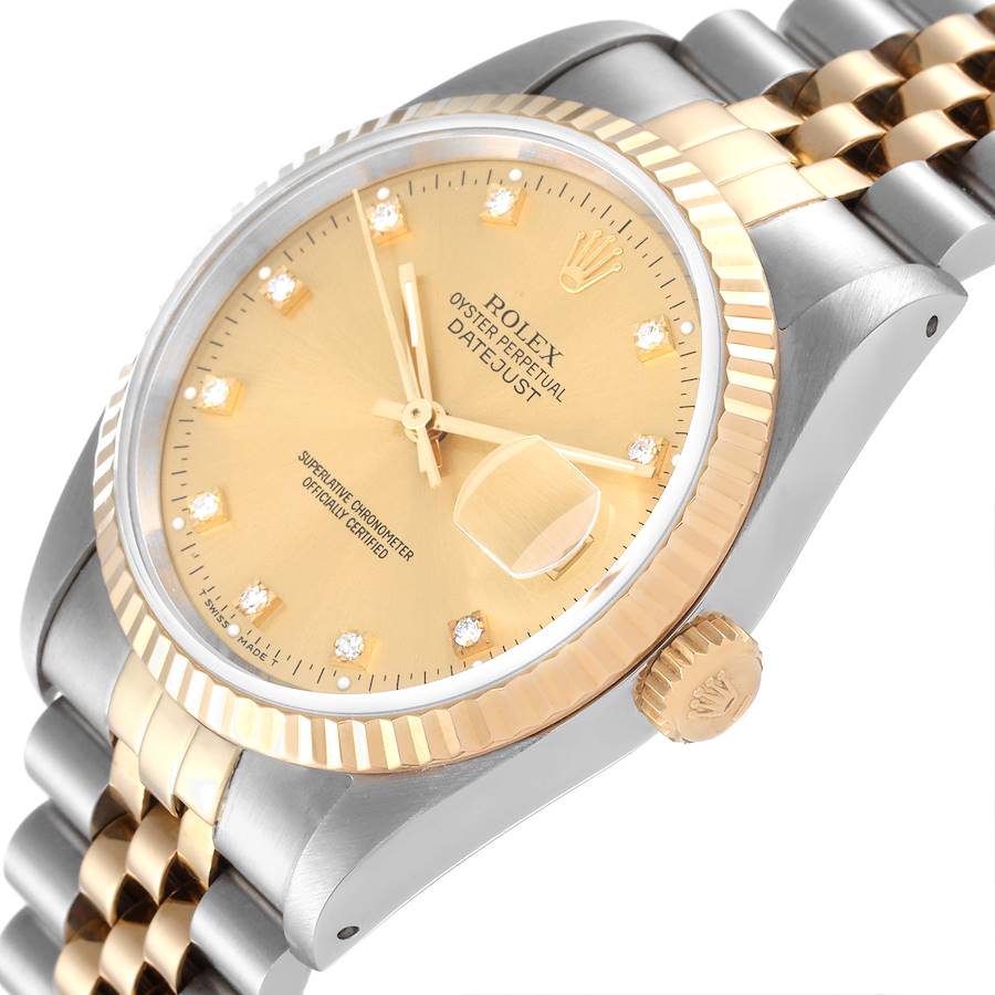 Men's Rolex 36mm DateJust Two Tone 18K Gold / Stainless Steel Watch with Champaigne Diamond Dial and Fluted Bezel. (Pre-Owned 16233)