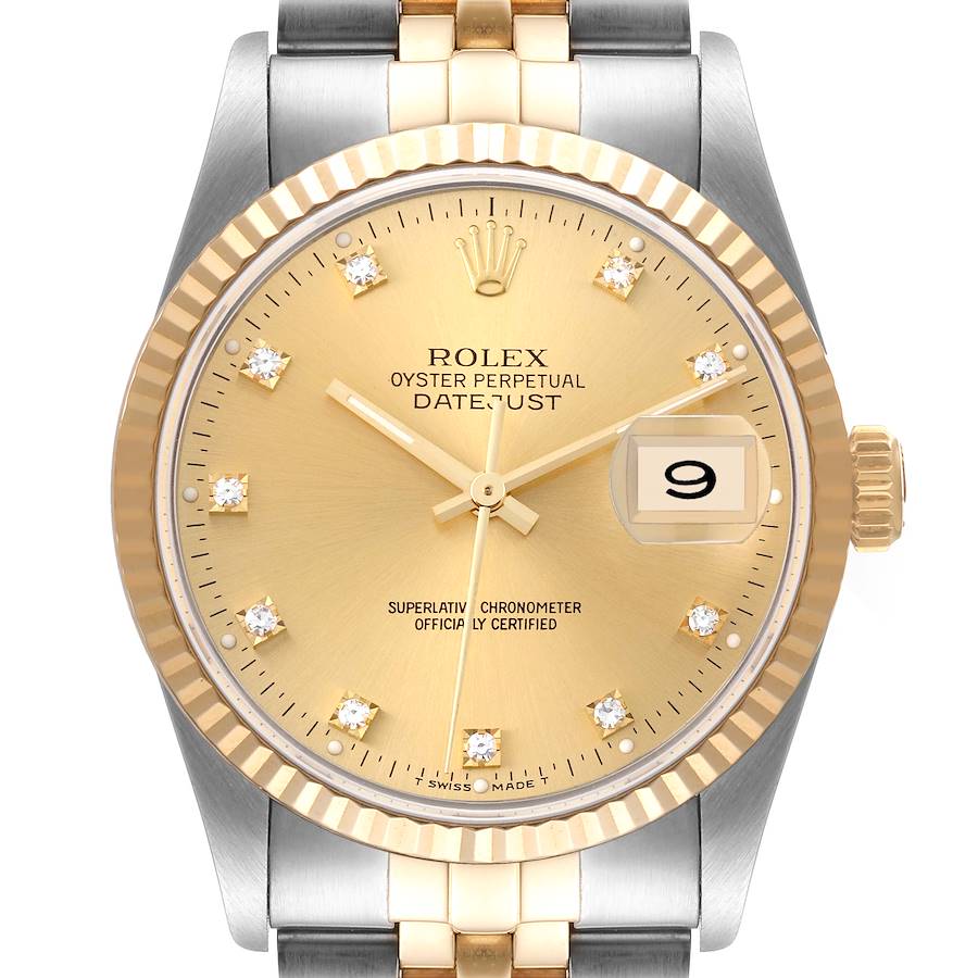 Men's Rolex 36mm DateJust Two Tone 18K Gold / Stainless Steel Watch with Champaigne Diamond Dial and Fluted Bezel. (Pre-Owned 16233)