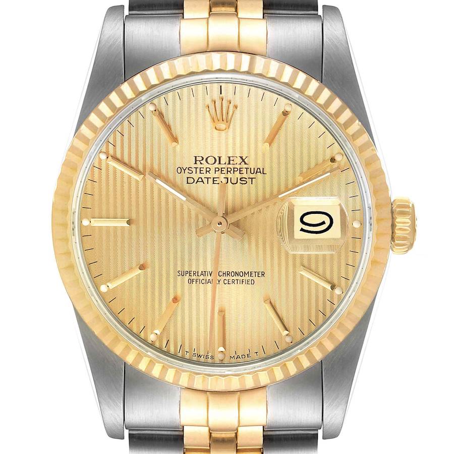 Men's Rolex 36mm DateJust Two Tone 18K Gold / Stainless Steel Watch with Tapestry Dial and Fluted Bezel. (Pre-Owned 16233)