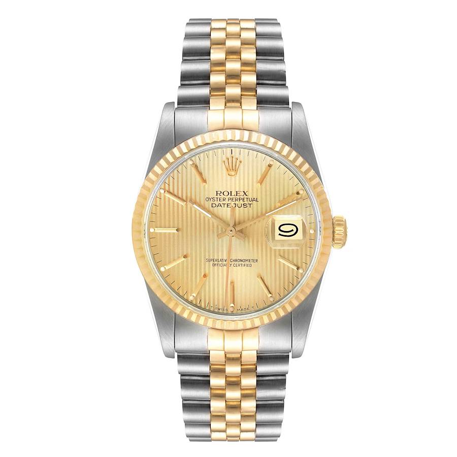 Men's Rolex 36mm DateJust Two Tone 18K Gold / Stainless Steel Watch with Tapestry Dial and Fluted Bezel. (Pre-Owned 16233)