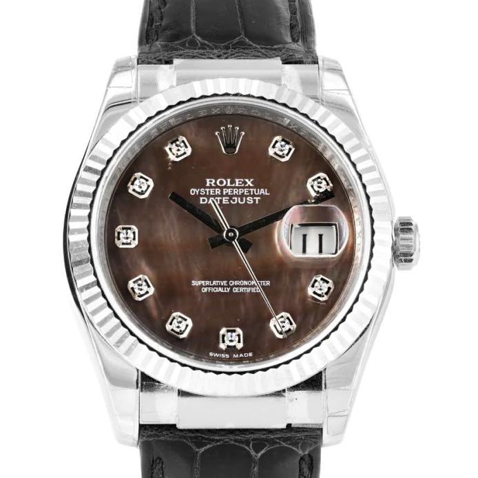 Men's Rolex 36mm DateJust White Gold Watch with Mother of Pearl Diamond Dial and Black Leather Band. (NEW 116139)